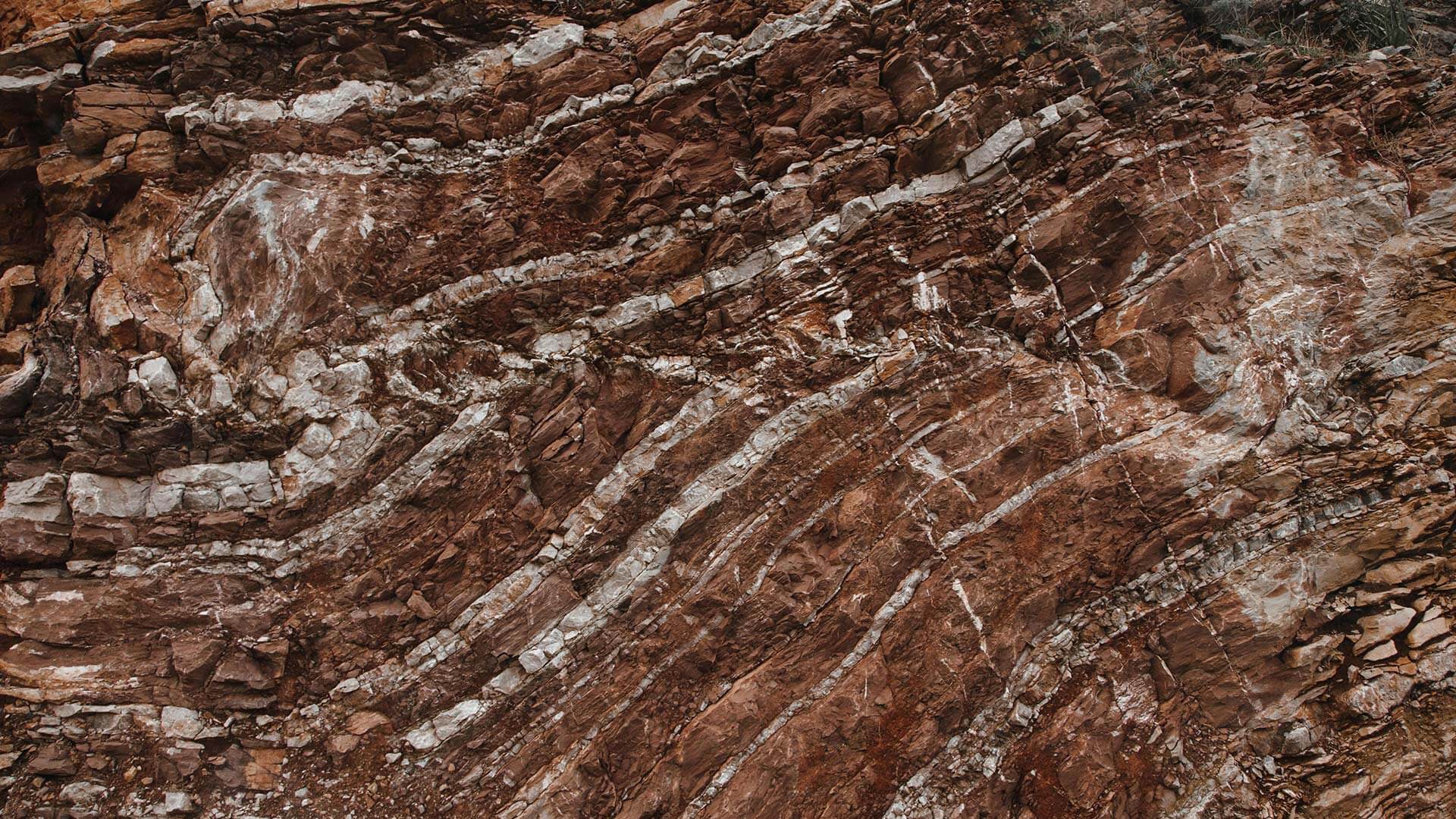Close-up of layered rock formations with alternating bands of reddish-brown and white colors, showing geological folding patterns.