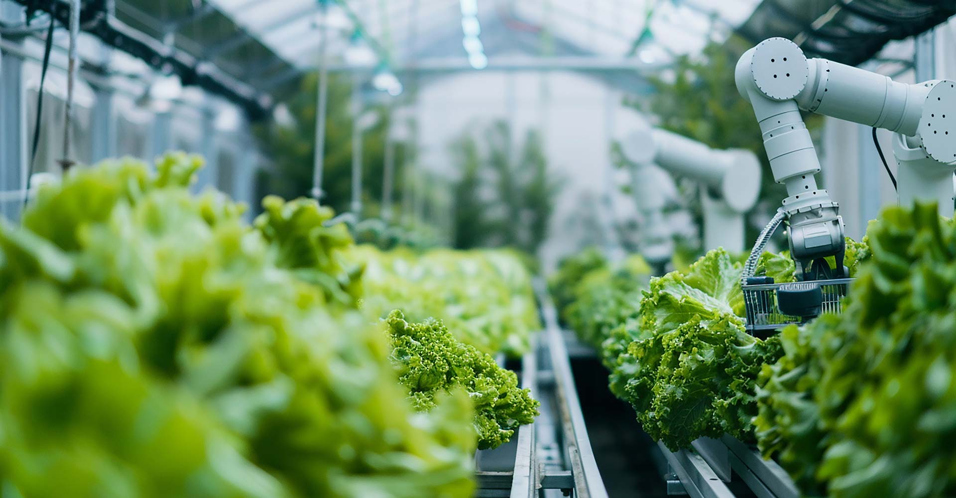 Automated robotic arms harvesting leafy greens in a modern greenhouse.