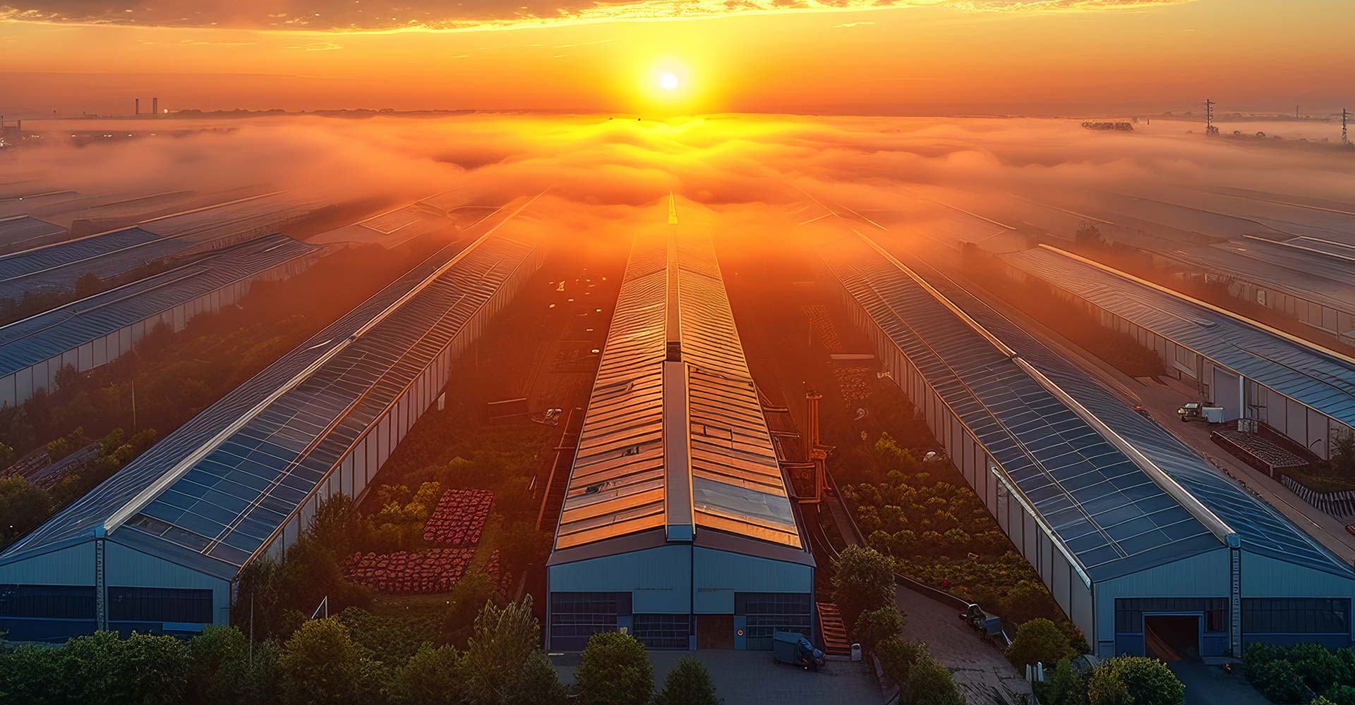 A sunrise over a large industrial greenhouse complex, with sunlight filtering through a low-lying mist, illuminating the roofs and surrounding vegetation.