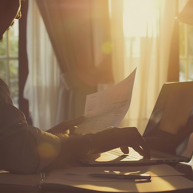 A person works on a laptop while holding documents, with sunlight streaming through a window behind them.
