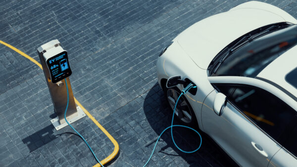 EV car charging from aerial view